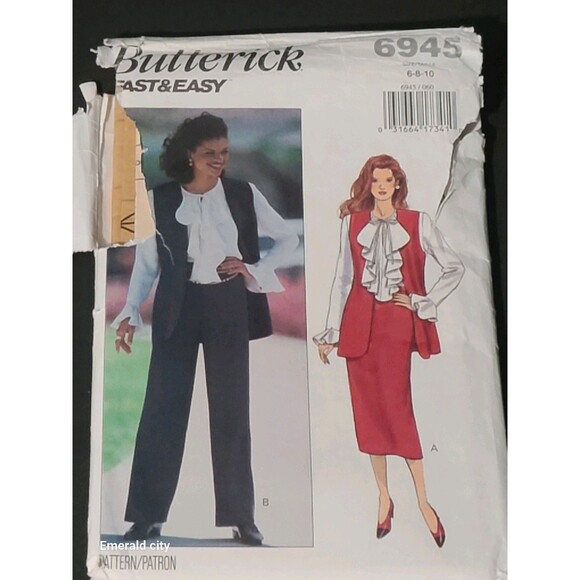 Vtg Butterick Sewing Pattern 6945 Vest Blouse Skirt Pants Sizes 6 -8- 10 Uncut - Picture 6 of 6
